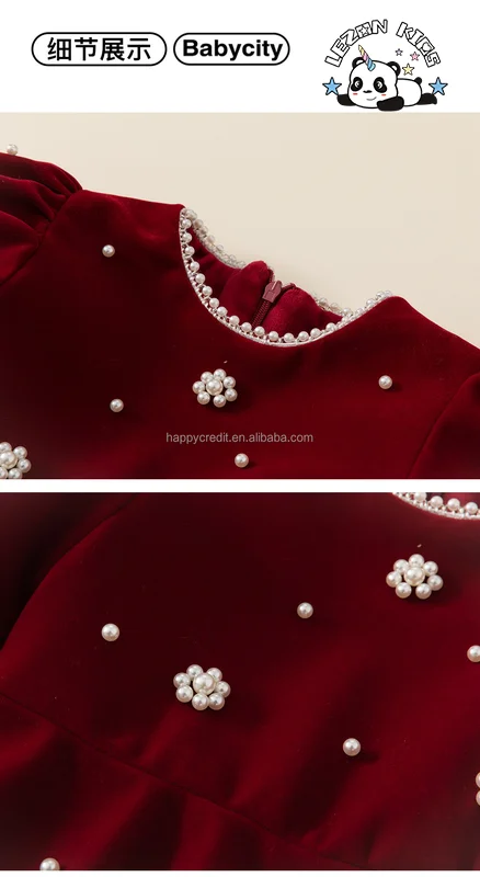 LEZONKIDS - Customizable Wholesale Custom Fleece  Puff Sleeve Beads Red Girls Party Dress for Spring